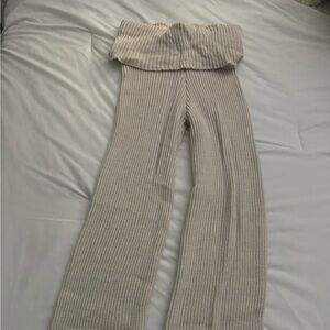 Cream Ribbed fold over flair pants